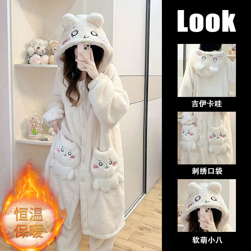 浪莎睡衣女秋冬季珊瑚绒长袖连体睡袍厚款甜美卡通毛绒韩范家居服 - 图0
