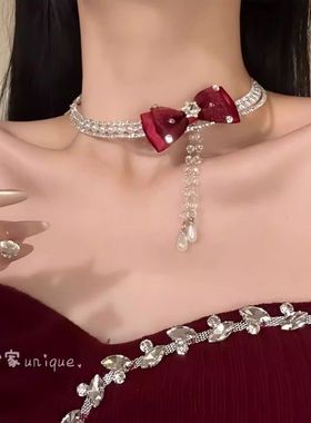 野心家原创【丝绒公主】法式甜美蝴蝶结锆石项链精致感气质锁骨链