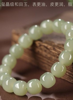 和田玉同款手串老型珠圆珠仿青玉鸭蛋青转运手链浅晴水油青佩戴