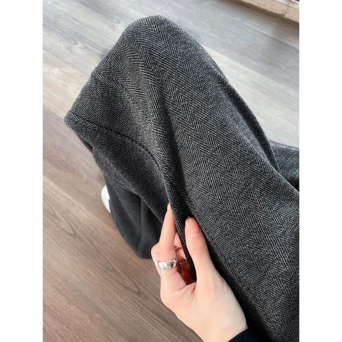 加绒加厚毛呢裤子女秋冬阔腿裤女宽松直筒运动休闲开叉香蕉裤大码 - 图3