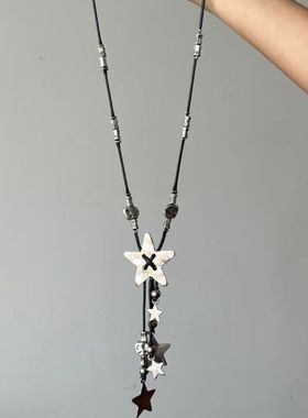 工业风~复古做旧编绳银色花朵流苏项链小众设计毛衣链甜酷风配饰