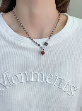 琥珀松林棕绿串珠吊坠项链小众复古设计秋冬锁骨链项链