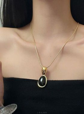小众黑色金属拼接项链女轻奢高级感长款不规则椭圆黑曜石毛衣链