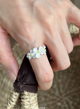 奶油白栀子花戒指轻奢清冷感新中式气质指间生花植物花卉开口指环