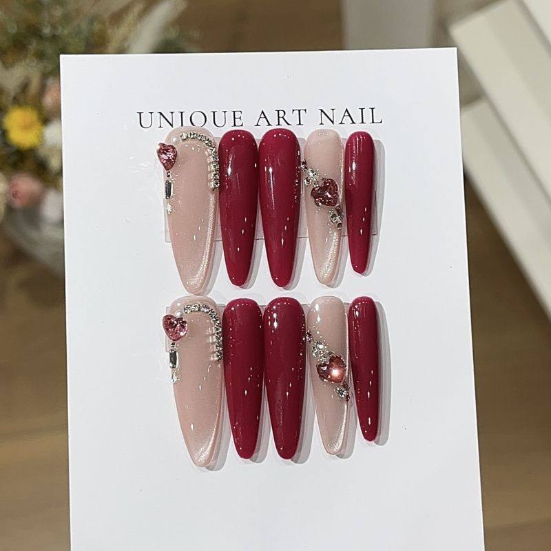 莓果冰沙桃汐里渐变玫瑰粉爆闪猫眼设计感贴钻穿戴甲椭圆纯手工,淘宝优惠券,粉丝福利购,淘宝优惠卷