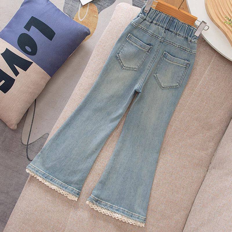 女童洋气花边钉珠牛仔裤中大童新款时尚修身喇叭裤春秋儿童装裤子