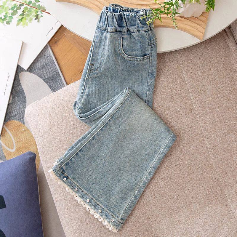 女童洋气花边钉珠牛仔裤中大童新款时尚修身喇叭裤春秋儿童装裤子