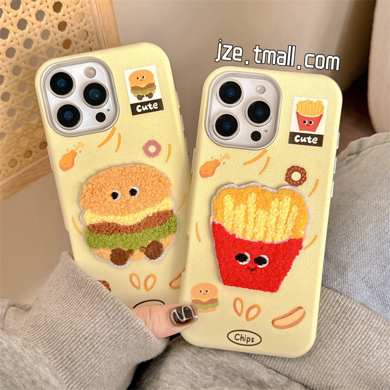 jze 趣味可爱薯条汉堡毛巾绣适用苹果16ProMax手机壳iphone13新款15pro女款15秋冬16pro仿皮14全包防摔保护套,淘宝优惠券,粉丝福利购,淘宝优惠卷