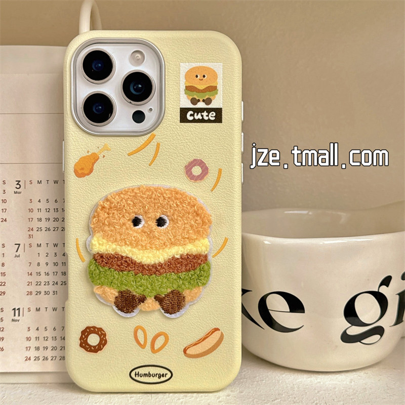 jze 趣味可爱薯条汉堡毛巾绣适用苹果16ProMax手机壳iphone13新款15pro女款15秋冬16pro仿皮14全包防摔保护套,淘宝优惠券,粉丝福利购,淘宝优惠卷