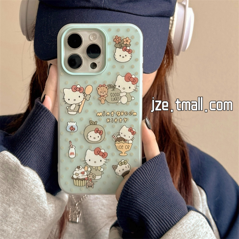 薄荷绿波点HelloKitty卡通适用苹果15手机壳iPhone16ProMax新款15pro防摔13女款可爱12二合一14pro全包保护套 - 图0