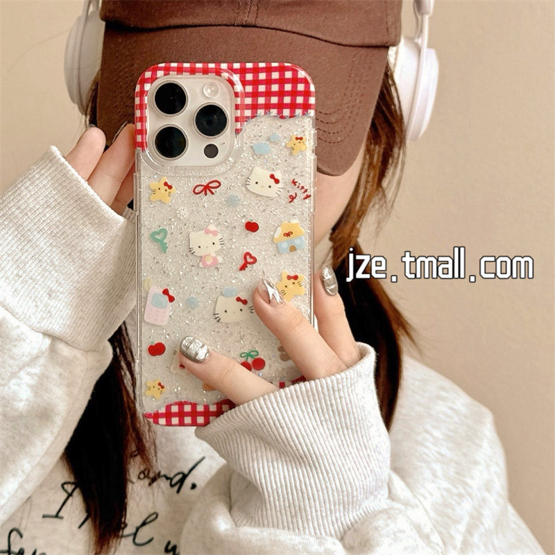 可爱格纹HelloKitty带链条适用苹果15手机壳闪粉iPhone16ProMax新款15pro防摔13少女小众12硅胶14pro全包软壳