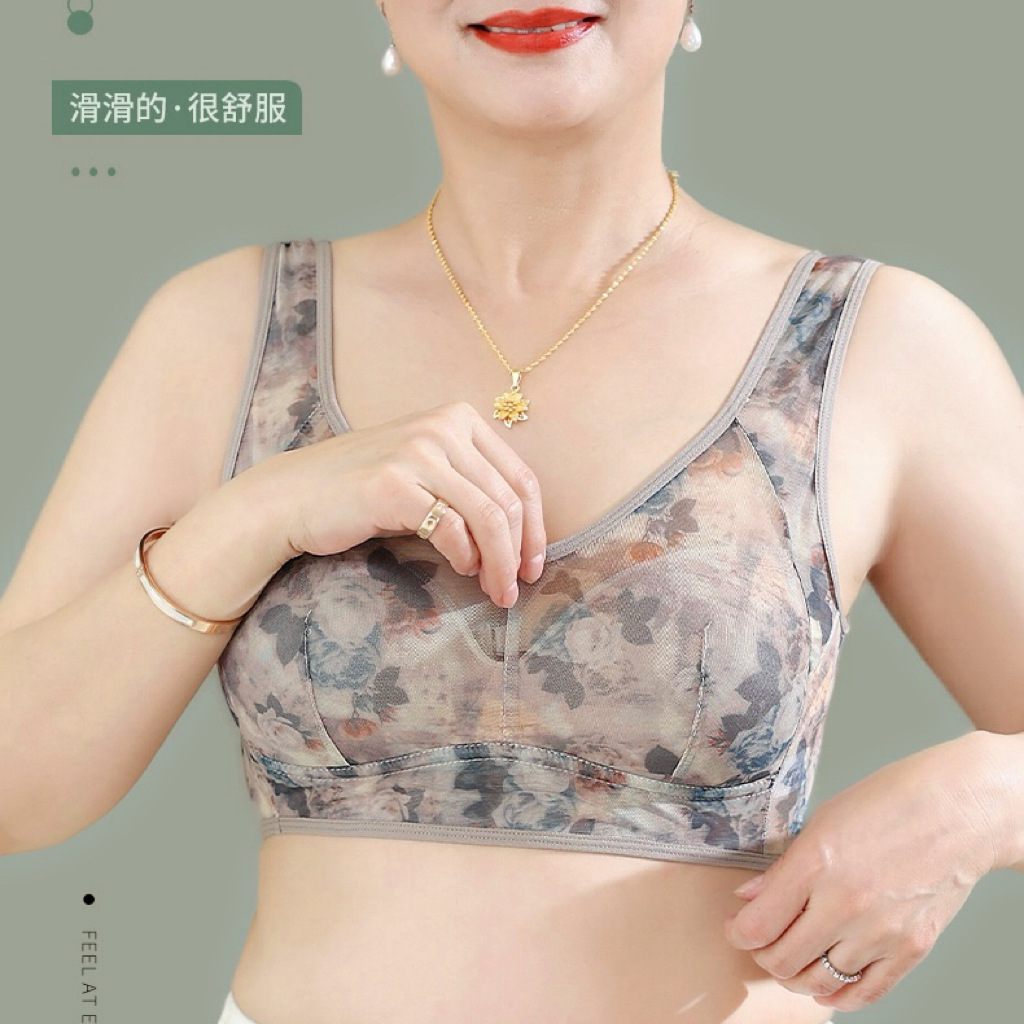 无钢圈网纱印花妈妈文胸女士薄款大码舒适无痕聚拢上托背心式内衣