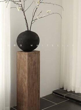 莉莉白侘寂风花瓶碳化木桌面装饰摆饰客厅复古落地雕塑摆台木柱子