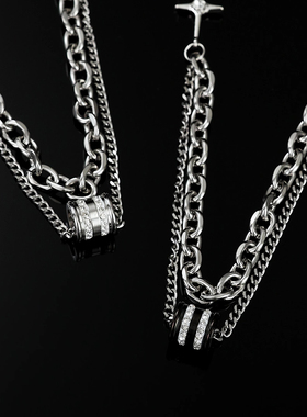 AKAK双层叠戴中性时尚嘻哈街头男生卫衣经典古巴拼接链钛钢项链男