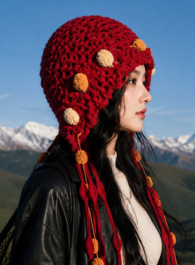 帽子川西旅游针织钩花缕空毛线帽女款显脸小护耳包头帽独特巨好看