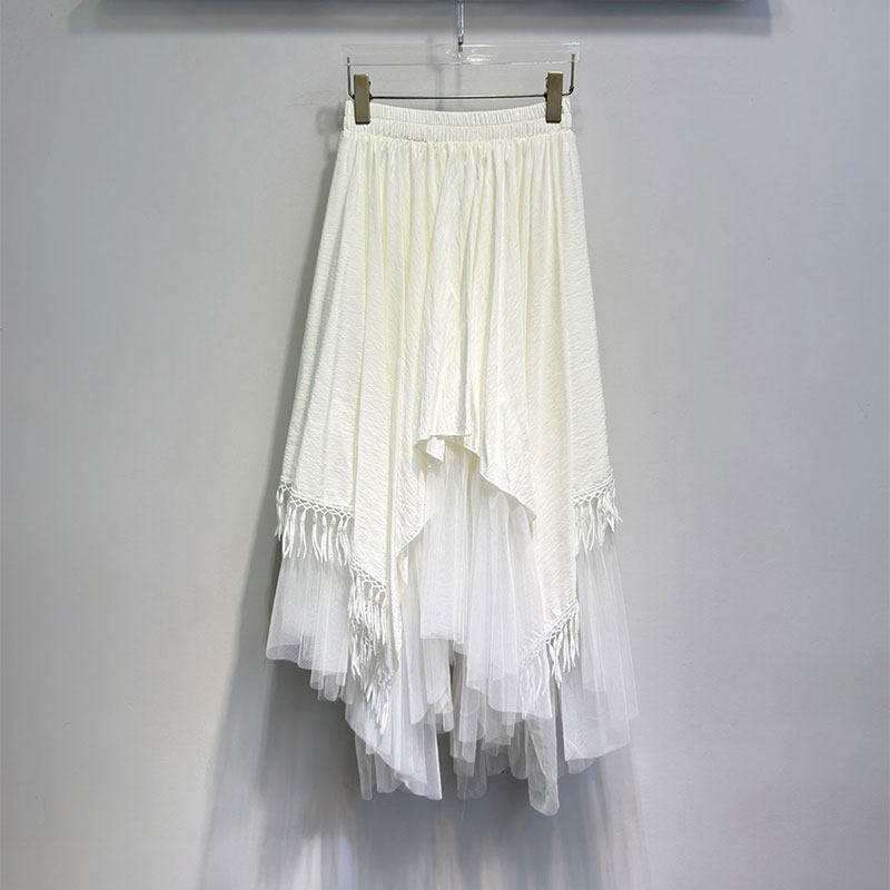 MBS.欧洲站新款高腰褶皱宽松大摆伞裙不规则网纱流苏百搭半身裙女,淘宝优惠券,粉丝福利购,淘宝优惠卷