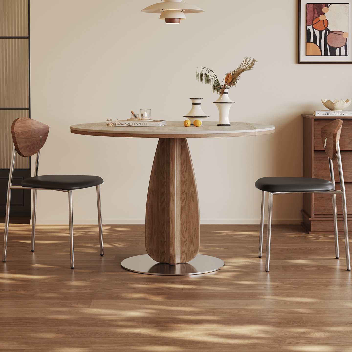 弦音实木岩板餐桌家用小户型饭桌法式奶油风轻奢洽谈圆形伸缩餐桌,淘宝优惠券,粉丝福利购,淘宝优惠卷