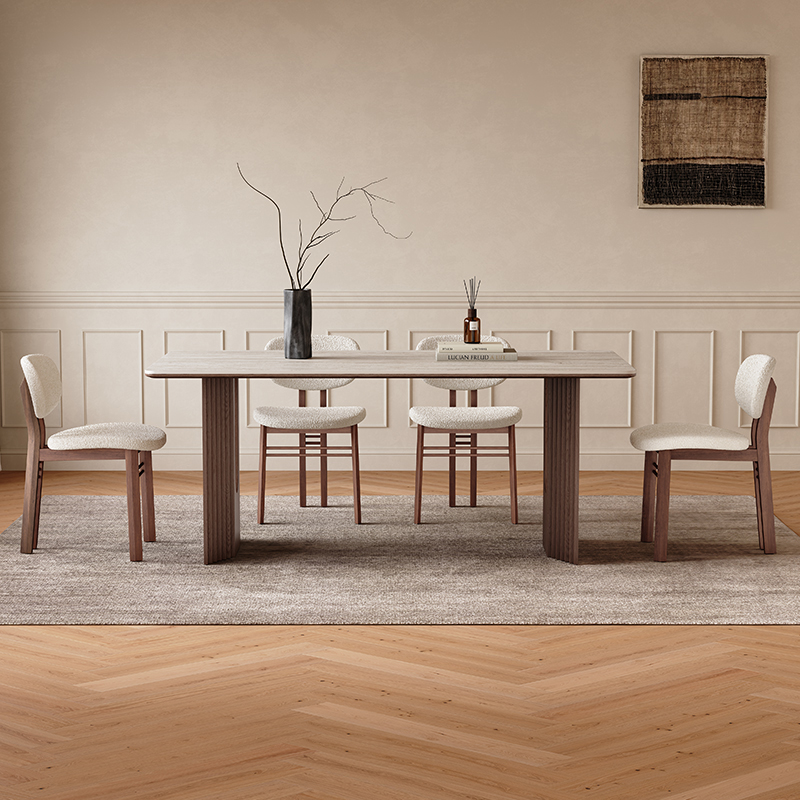 岩板实木餐桌现代简约长方形胡桃木色小户型家用侘寂风岩板餐桌 - 图1