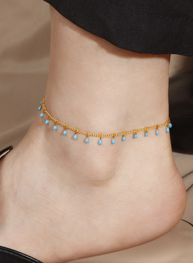 欧美夏季沙滩蓝色滴油脚丫脚链女小清新多巴胺时尚钛钢脚饰女批发