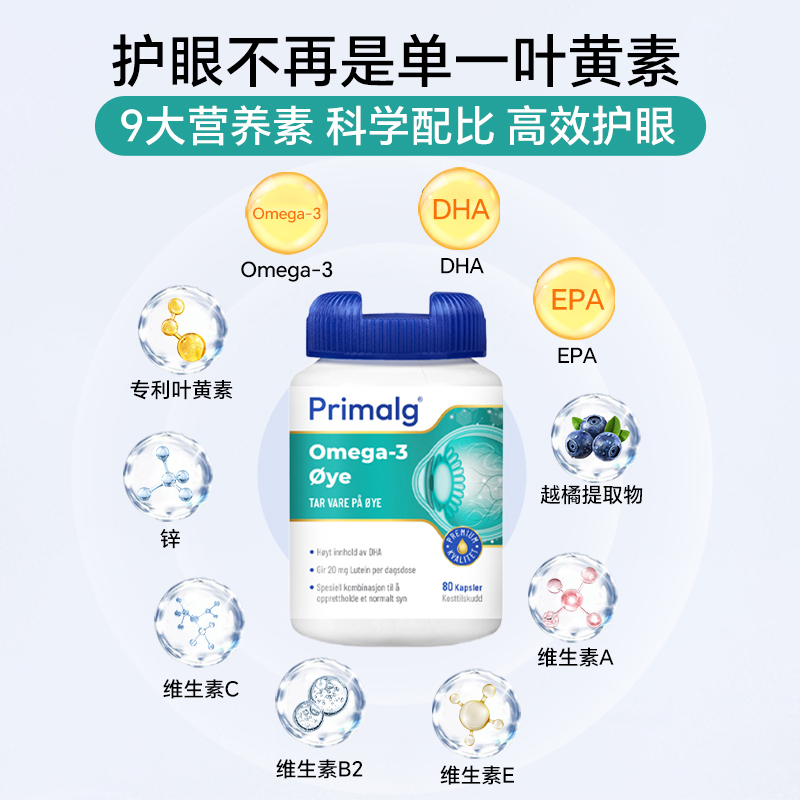 挪威Primalg眼睛鱼油Omega3叶黄素越橘提取物呵护心眼脑非鱼肝油-图1