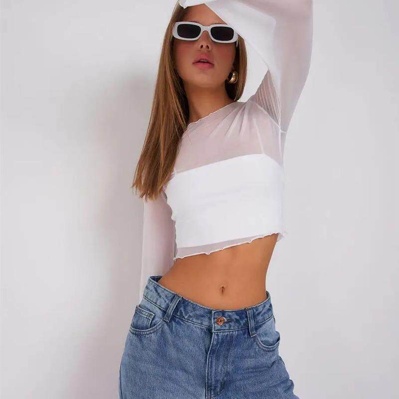 亚马逊新款热销女装网纱长袖打底内搭上衣 短款露脐网眼透视T恤女