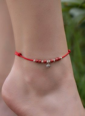 复古铃脚链女脚链珠宫纯银脚链铃铛脚链转运朱砂本命年红绳性感
