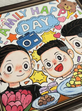 全家福礼物可爱漫画定制一家三四口手工油画实物真人转漫画伴手礼