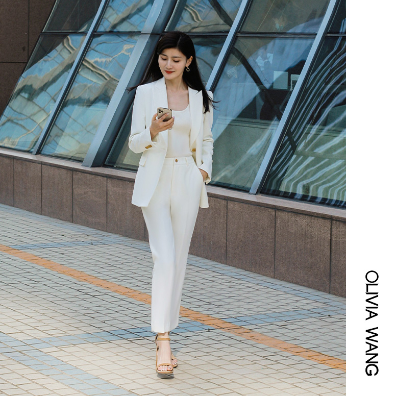 OliviaWang早春高级感白色醋酸西服外套小脚裤通勤主持西装套装