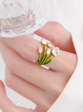 法国capinkofin森系小清新郁金香开口戒指时尚优雅滴油花朵指环