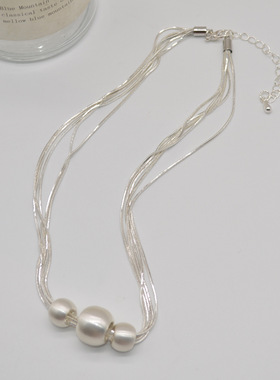 法国CapinKofin银色多层蛇骨链磨砂圆球项链小众设计感三颗球吊