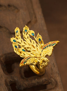 法国capinkofin新款古法国潮色凤凰戒指凤羽花丝镂空珐琅轻奢