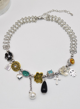 法国CapinKofin潮酷多元素vintage项链女爱心花朵珍珠流苏锁骨链