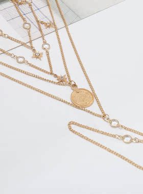 欧美多层镶钻项链配饰星星钱币流苏款Y型吊坠锁骨链2018夏季饰品