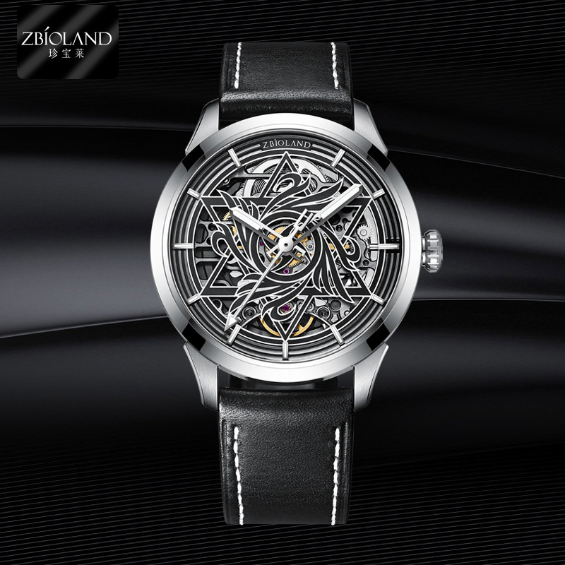 国表珍宝莱圆形镂空男士自动机械表 珍宝莱国产腕表