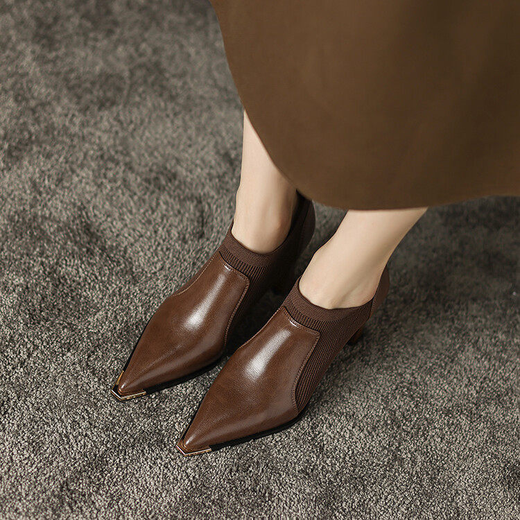 松紧口高跟鞋女尖头粗跟四季鞋春秋新款法式复古拼接真皮深口单鞋,淘宝优惠券,粉丝福利购,淘宝优惠卷