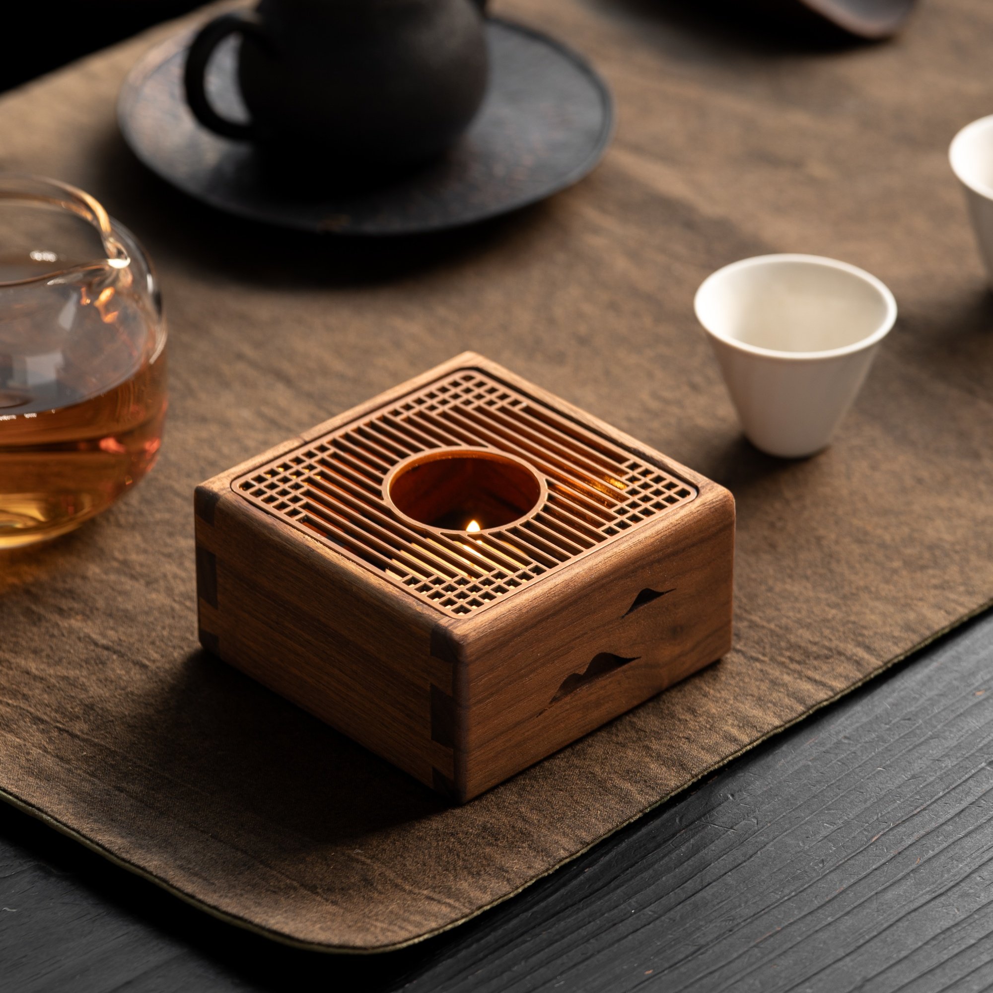 归鸿黑胡桃木温茶炉蜡烛加热中式家用暖茶煮茶炉实木底座温差器,淘宝优惠券,粉丝福利购,淘宝优惠卷