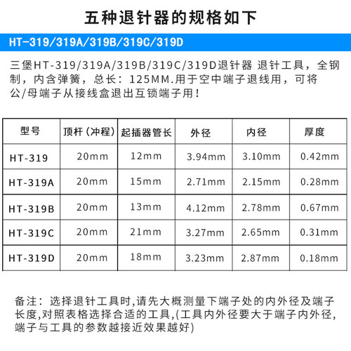 三堡 退针器 圆形公/母端子 汽车线束航空插针插头拆装工具推挑针工具种在连接器退针维修退线器HT-319ABCD - 图2