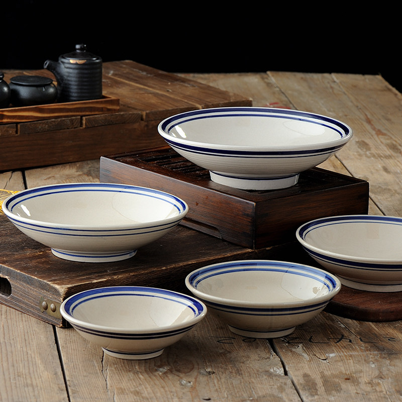 仿古复古风大碗老式面碗陶瓷粗陶蓝线斗笠6寸9酒碗商用菜饭碗中式,淘宝优惠券,粉丝福利购,淘宝优惠卷