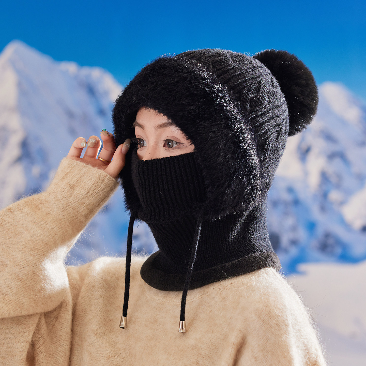 冬季加绒毛线帽子围脖一体帽女加厚保暖护耳女防风针织连体套头帽,淘宝优惠券,粉丝福利购,淘宝优惠卷