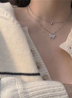 冷淡风双层蝴蝶项链闪钻项链女