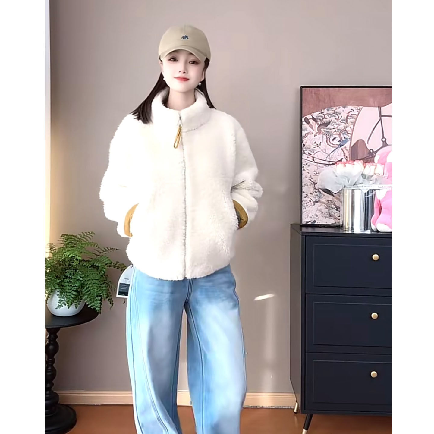 2025新款拼色毛毛外套女冬季加厚保暖高级感宽松短款加绒立领夹克,淘宝优惠券,粉丝福利购,淘宝优惠卷