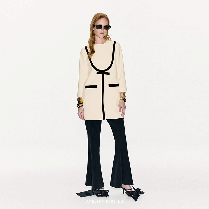 AtelierMissLu【造梦星轨】2025春夏几何线条撞色拼接长袖连衣裙 - 图2