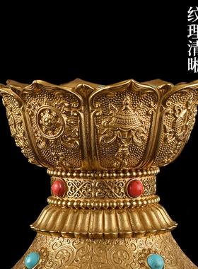 手摇转筒莲花底座黄铜藏式雕花八吉祥莲花座手摇转轮底座居家摆件