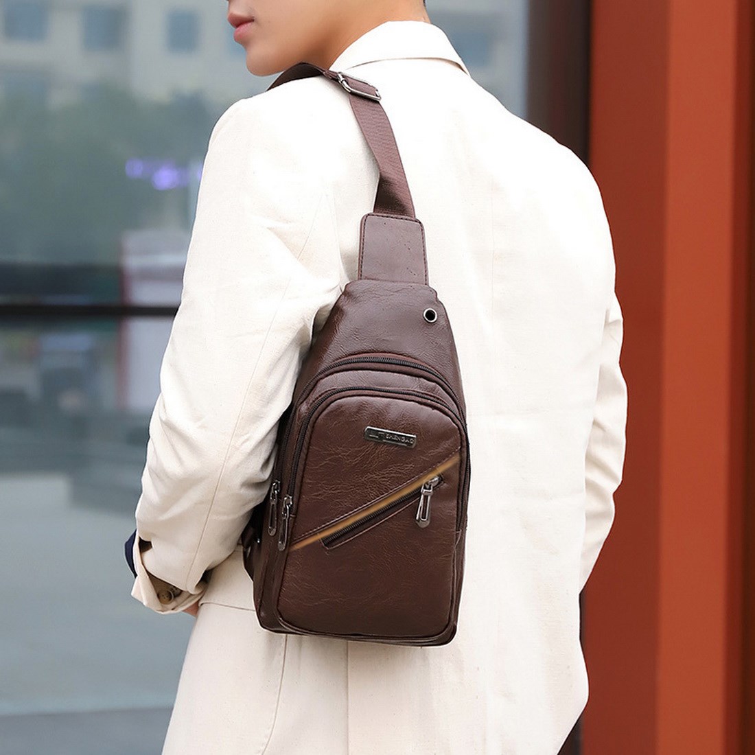 Men USB Charging Bags Men's Chest Bag PU Shoulder Bag Sling - 图1