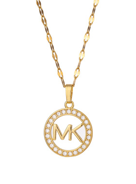 跨境欧美镶钻圆形字母MK吊坠项链女士百搭不锈钢镂空时尚潮流饰品