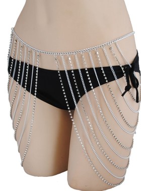 欧美跨境饰品 简约个性百搭几何腰链 金属水钻多层流苏时尚身体链