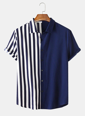 2021 summer men's two-tone striped print casual men's shirt