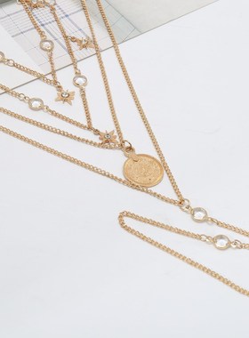 欧美多层镶钻项链配饰星星钱币流苏款Y型吊坠锁骨链2018夏季饰品