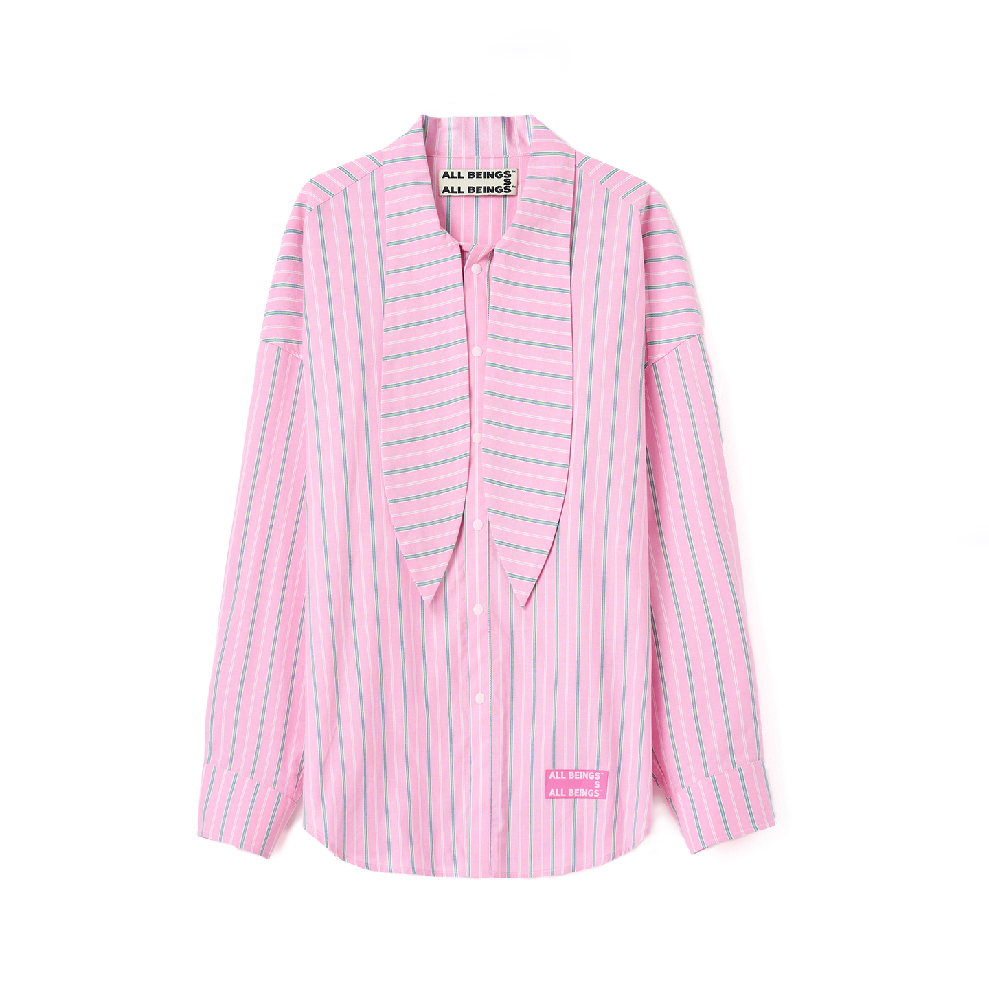 ALL BEINGS25AW秋季粉绿条纹领巾廓形抗皱长袖衬衫上衣女新款 - 图3