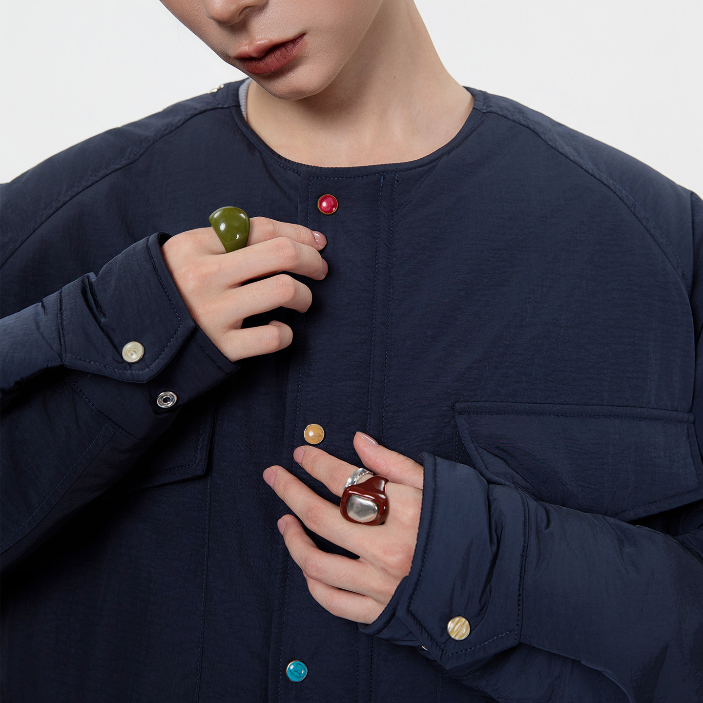 ALL BEINGS2025AW秋冬新款设计感 围巾搭片彩扣谷仓棉服夹克外套 - 图1